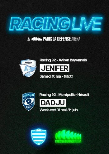 Affiche verticale pour la promotion du Racing Live au format portrait avec mise en avant des matchs du RAcing 92 face à Bayonne et à Montpellier