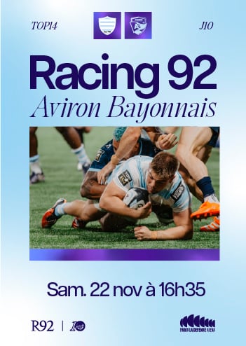 Affiche du match du Racing 92 face à l'Aviron Bayonnais le 22 novembre 2025